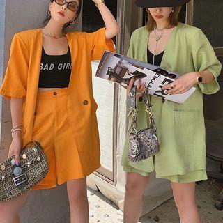 Plain Double-breasted Elbow-sleeve Blazer / High-waist Wide-leg Shorts