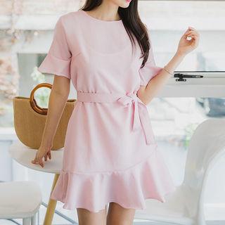 Short-sleeve Ruffle-trim Dress With Sash