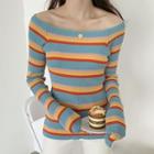 Long-sleeve Off-shoulder Striped Knit Top As Shown In Figure - One Size
