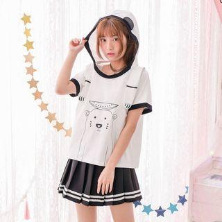 Bear Print Tipped Hooded Short Sleeve T-shirt