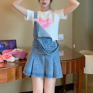 Short-sleeve Heart Print Asymmetrical T-shirt / Denim Mini Overall Dress