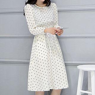 Long-sleeve Smocked-waist Printed Dress
