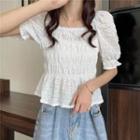 Square Neck Tie-waist Lace Puff Short Sleeve Shirt