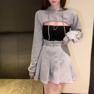 Plain Bandeau / Drawstring Crop Hoodie / High Waist Pleated Mini Skirt