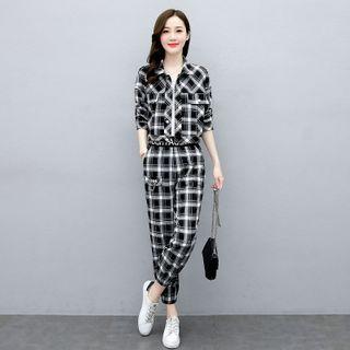 Set: Long-sleeve Cropped Plaid Shirt + Harem Pants