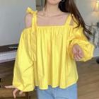 Long-sleeve Tie-strap Off-shoulder Plain Blouse Yellow - One Size