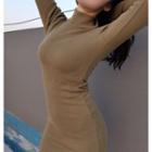 Plain Mock-neck Long-sleeve Slim-fit Knit Dress