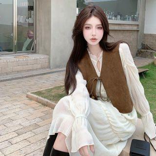 Bell-sleeve Midi A-line Dress / Tie Front Faux Suede Vest