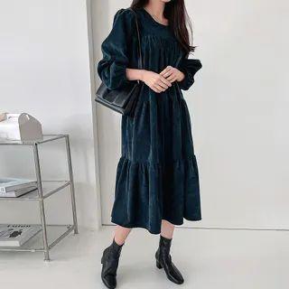 Corduroy Flared Long Tiered Dress