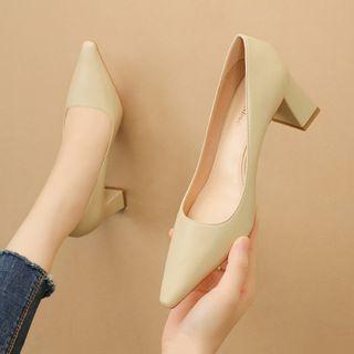 Plain Pointy-toe Chunky Heel Pumps