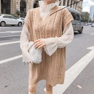 Set: Mock Neck Blouse + Sleeveless Mini Cable-knit Dress