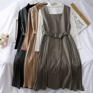 Set: Pleated Sleeveless Dress + Mock-neck Top With Belt