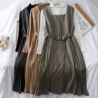 Set: Pleated Sleeveless Dress + Mock-neck Top With Belt