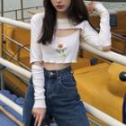 Set: Long-sleeve Cropped T-shirt + Spaghetti Strap Top As Shown In Figure - One Size