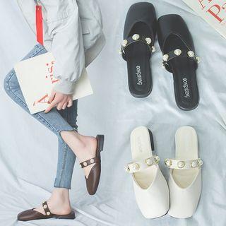Square-toe Faux-pearl Mules