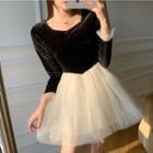 Puff-sleeve A-line Mini Mesh Dress