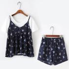 Set: Plain Short Sleeve T-shirt + Floral Print Camisole Top + Shorts