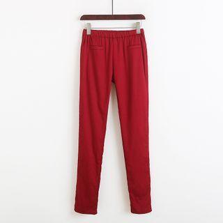 Elastic-waist Fleece-lined Pants Wine Red - One Size