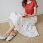 Shirred Flower-embroidered Midi Skirt