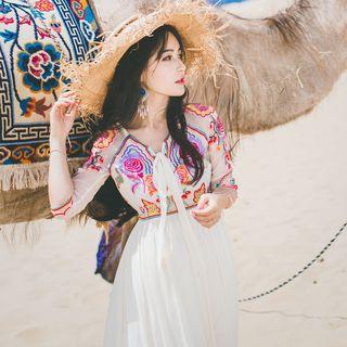 Elbow-sleeve Embroidered Organza A-line Maxi Dress