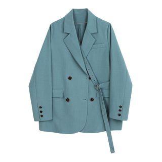 Double-breasted Plain Blazer With Belted Chain