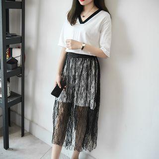 Set: Short-sleeve Long T-shirt + Tulle Skirt