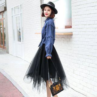 Frilled Trim Washed Denim Shirt