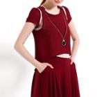 Mock Two-piece Short-sleeve Chiffon Top With Necklace