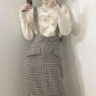 Bow Accent Sweater / Plaid Midi A-line Suspender Skirt