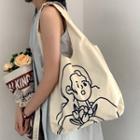 Cartoon Print Canvas Tote Bag Off-white - One Size