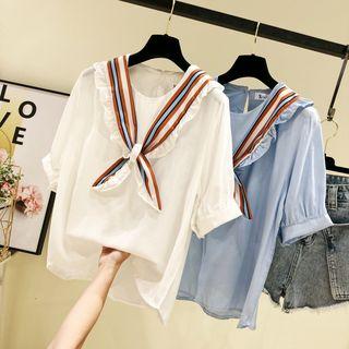 Elbow-sleeve Striped Trim Chiffon Top