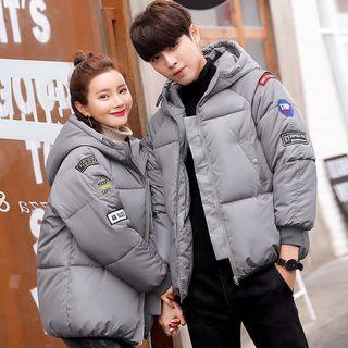 Couple Matching Patched Padded Hooded Zip Coat