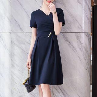 Asymmetrical Short-sleeve Shirred A-line Dress
