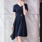 Asymmetrical Short-sleeve Shirred A-line Dress