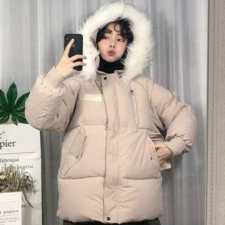 Furry-trim Hooded Zip Parka Beige Almond - One Size