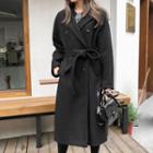 Double-breasted Wool Blend Coat With Sash Black - One Size