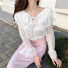 Bell-sleeve Tie Neck Ruffled Lace Blouse White - One Size