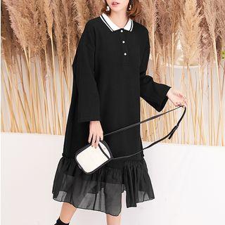 Mesh Panel Long-sleeve Midi Collared Dress Black - One Size