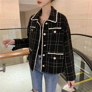 Long-sleeve Contrast Trim Tweed Jacket Black - One Size