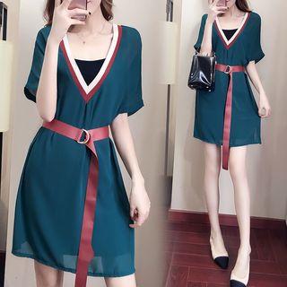 Set: Short-sleeve V-neck A-line Dress + Slipdress