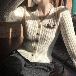 Bow-accent Cropped Cardigan / Knit Scarf