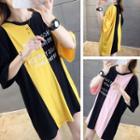 Letter Embroidered Color Block Elbow-sleeve T-shirt