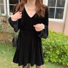 V-neck Velvet Lace Trim Collar Dress Black - One Size