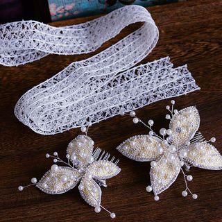 Wedding Set: Faux Pearl Butterfly Hair Comb + Headpiece 1 Pair - Headpiece & Hair Strap - As Shown In Figure - One Size