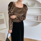 Long-sleeve Shirred Leopard Print Velvet Top As Shown In Figure - One Size