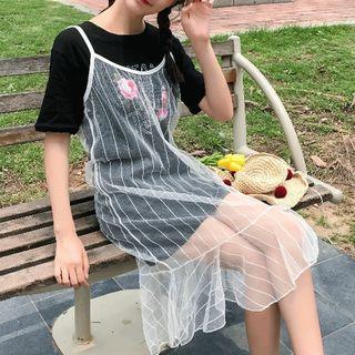 Set: Mesh Strappy Dress + Printed Short-sleeve T-shirt Dress
