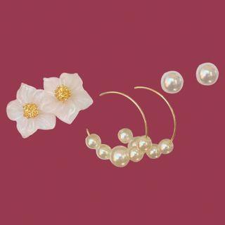 3 Pair Set : Flower / Faux Pearl / Open Hoop Earring Set Of 3 - White & Gold - One Size