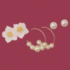 3 Pair Set : Flower / Faux Pearl / Open Hoop Earring Set Of 3 - White & Gold - One Size