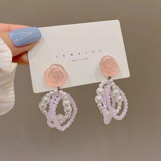 Flower Faux Pearl Fringed Earring 1 Pair - Pink & Purple - One Size