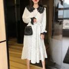 Lace Collar Long-sleeve Dotted Midi A-line Dress